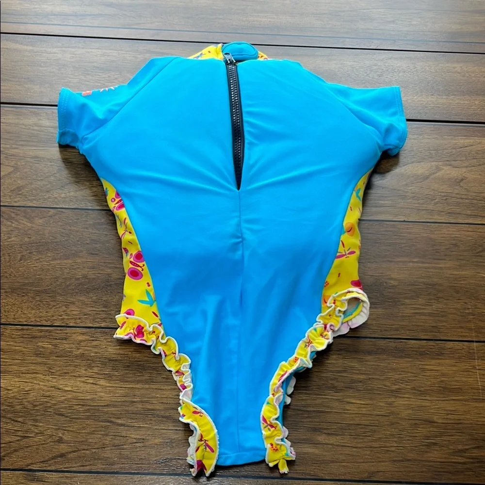 Body Glove Blue and Yellow Floral Ruffle Trim One-Piece Swim with Inserts